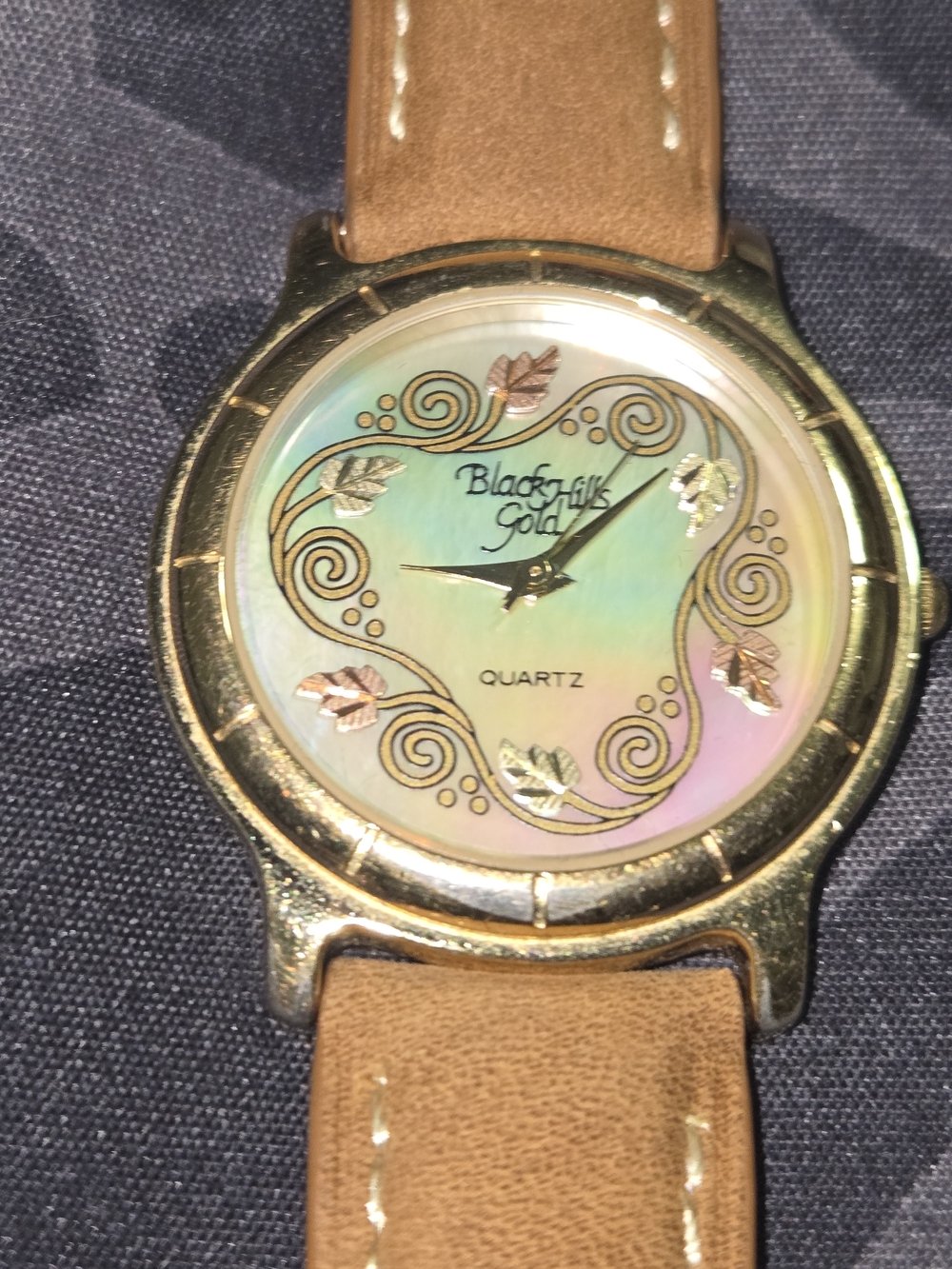 Black Hills Gold Mother-of-Pearl Dial Watch in Gold with Tan Strap
